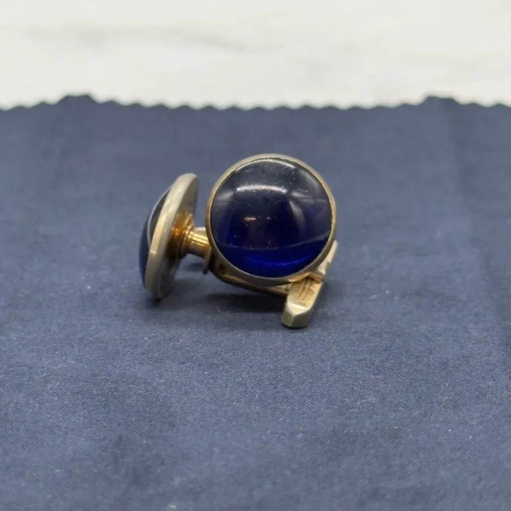 Vintage Hickok Gold Tone Blue Glass Cabochon Cufflinks Mid Century MCM